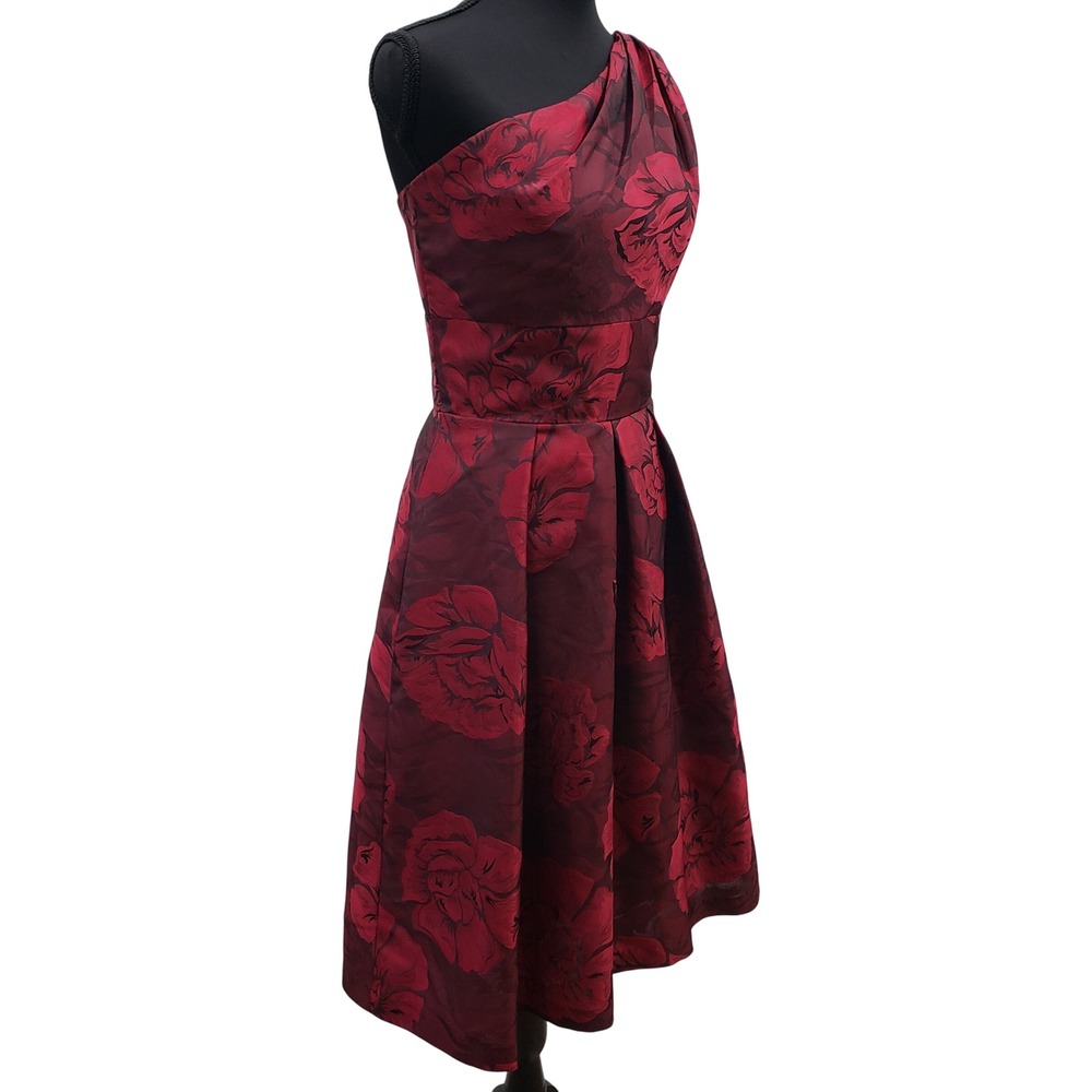 Alfred Sung Red Floral One Shoulder Damask Cocktail Dress Size 6 A Line Party - Picture 4 of 7